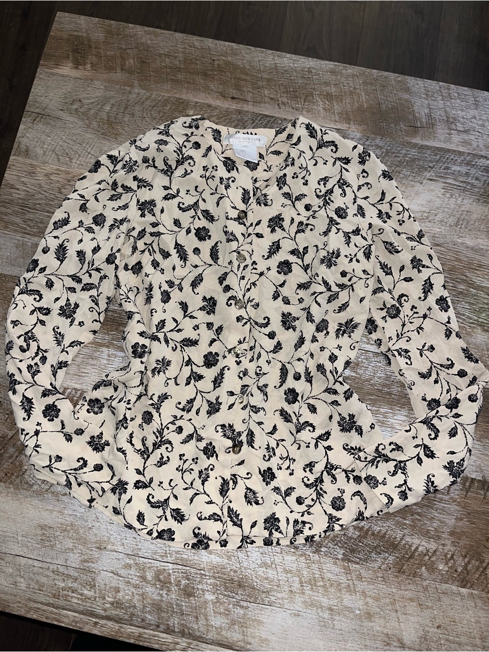 Jones New York Cream Button-Down Shirt with Black Floral Print